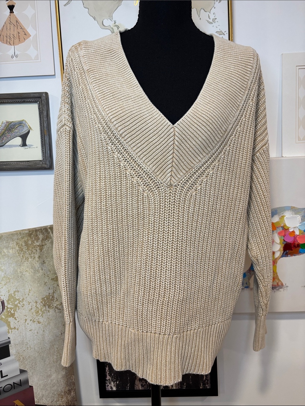 aerie Neutral Beige V-Neck Ribbed Knit Sweater
